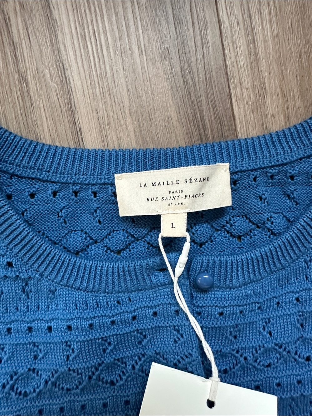 Sezane Cerulean Blue Crochet Knit Button-Front Shell - Picture 2 of 12